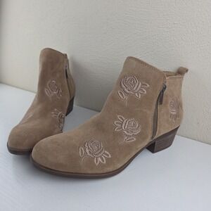Lucky Brand Basel Suede Leather Tan Embroidered Double Zip Booties Women's 9.5